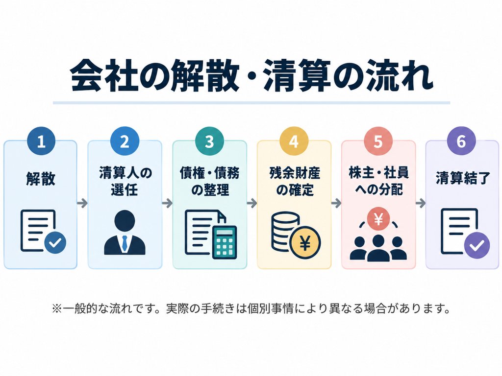 会社の解散から清算結了までの流れを、解散、清算人の選任、債権・債務の整理、残余財産の確定、株主・社員への分配、清算結了の6ステップで示した図。
