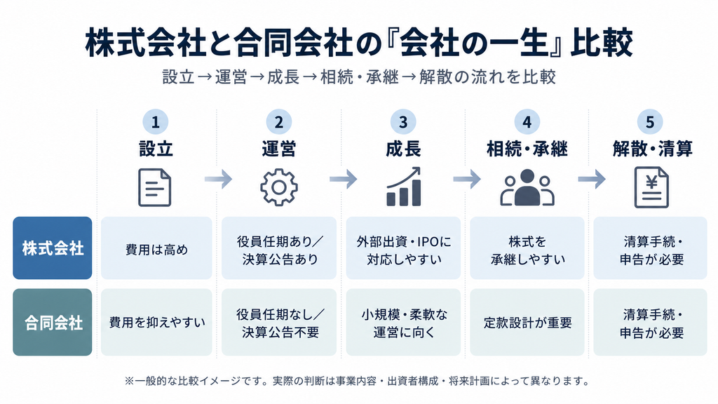 株式会社と合同会社について、設立、運営、成長、相続・事業承継、解散までの流れを横並びで比較した図。
